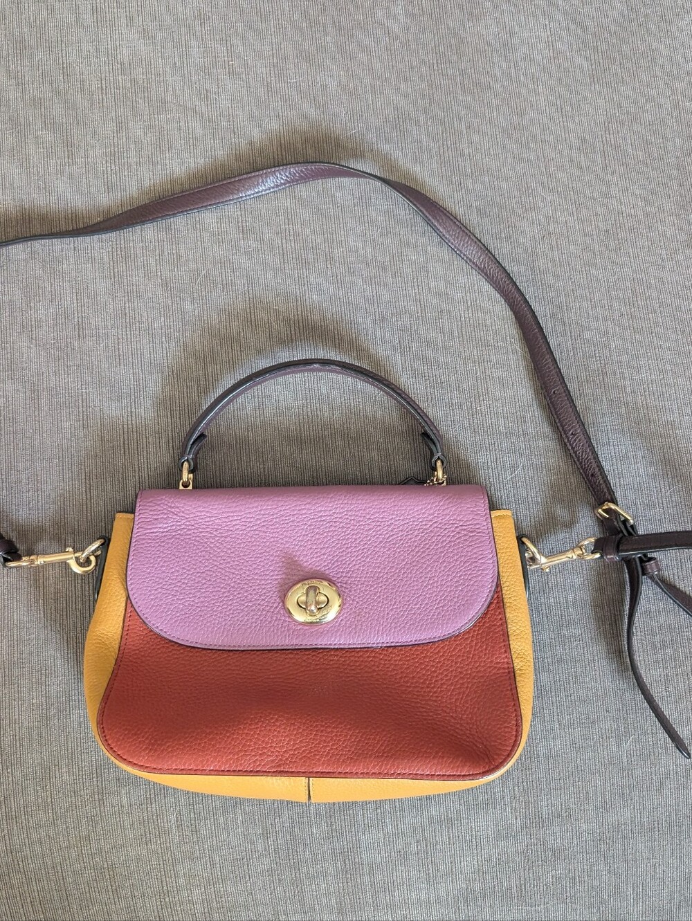 Coach Colorblock Leather Crossbody Satchel in Lilac, Rust & Mustard